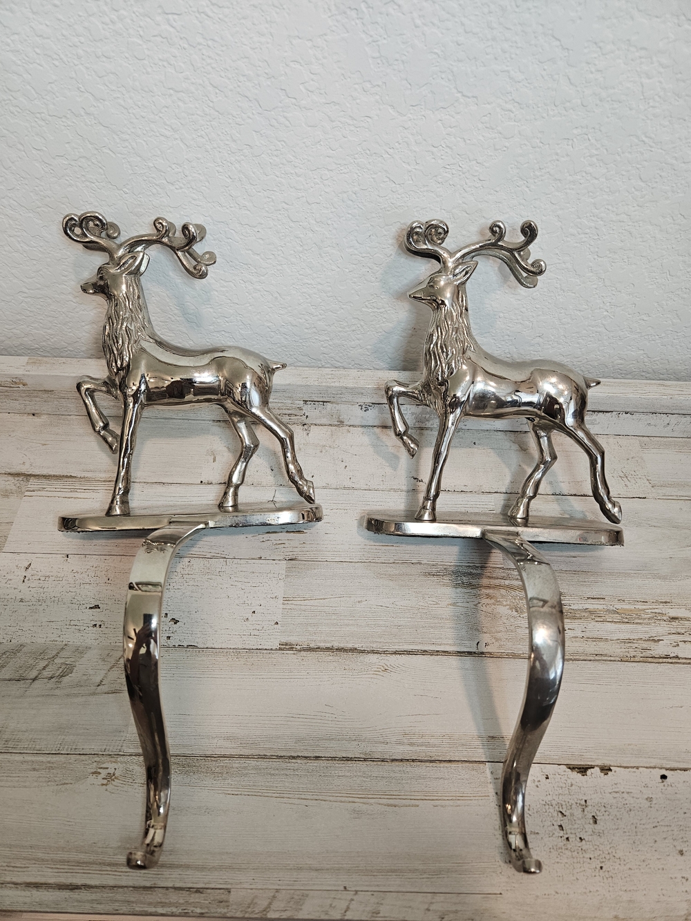 Set of 2 chrome Christmas Holiday Reindeer Stocking Holders.